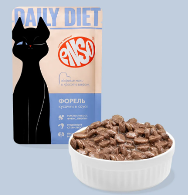 Enso Daily Diet Влажный корм для взрослых кошек для здоровья кожи и красоты шерсти, кусочки с форелью в соусе, 85 г