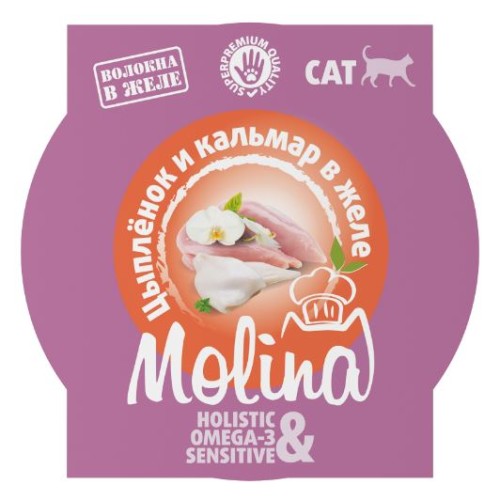 Molina влажный корм (ламистер) для взрослых кошек, цыпленок и кальмар в желе, 75 г 