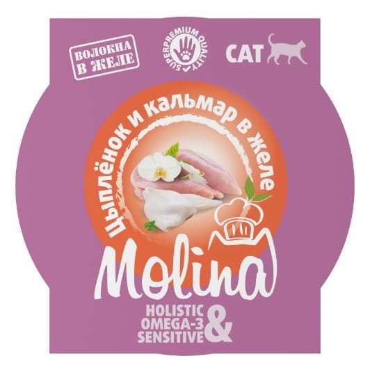 Molina влажный корм (ламистер) для взрослых кошек, цыпленок и кальмар в желе, 75 г 