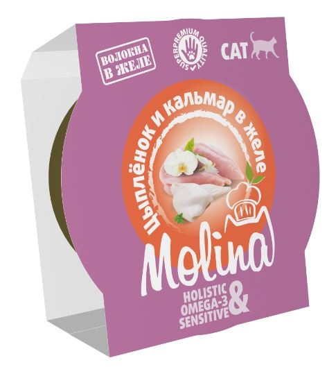 Molina влажный корм (ламистер) для взрослых кошек, цыпленок и кальмар в желе, 75 г 
