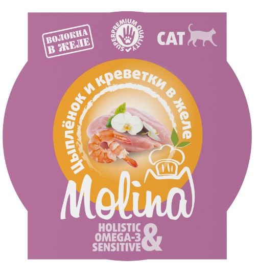 Molina влажный корм (ламистер) для взрослых кошек, цыпленок и креветки в желе, 75 г