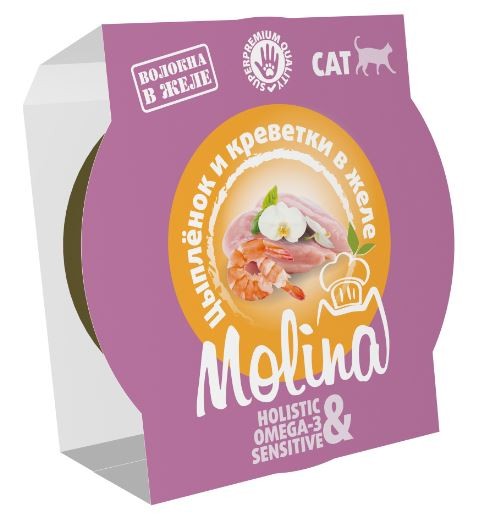 Molina влажный корм (ламистер) для взрослых кошек, цыпленок и креветки в желе, 75 г