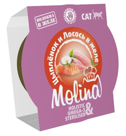 Molina влажный корм (ламистер) для взрослых кошек, цыпленок и лосось в желе, 75 г