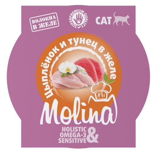Molina влажный корм (ламистер) для взрослых кошек, цыпленок и тунец в желе, 75 г