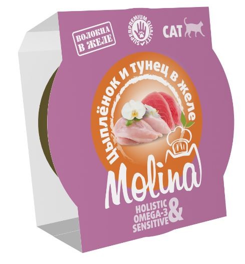 Molina влажный корм (ламистер) для взрослых кошек, цыпленок и тунец в желе, 75 г
