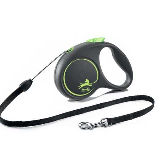 FLEXI Рулетка Black design S (5 м, 12 кг) трос/жгут Черная с зеленым
