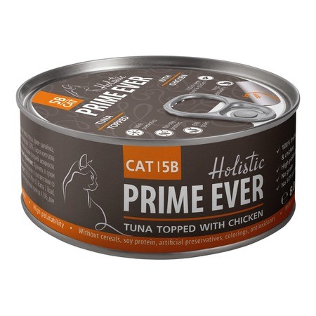 Prime Ever Консервы для взрослых кошек с тунцом и цыпленком в желе - 80 г