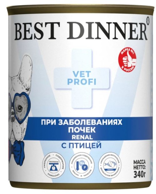 Best Dinner Vet Profi Renal Влажный корм при заболеваниях почек у взрослых собак, с птицей, 340 г
