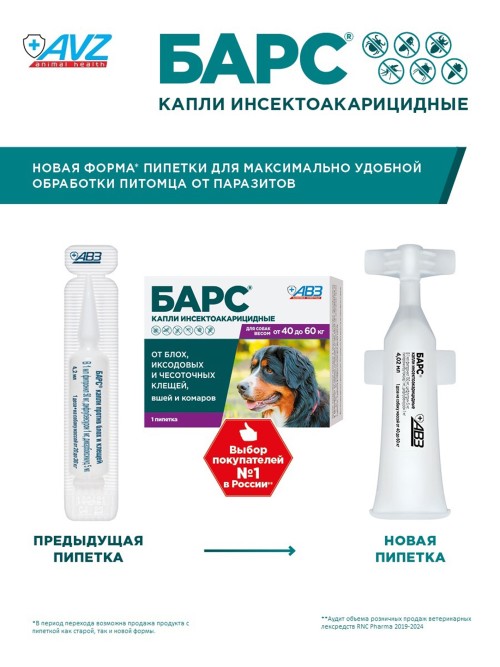 Барс капли на холку инсектоакарицидные для собак весом от 40 до 60 кг 1 пипетка по 4,02 мл АВЗ 