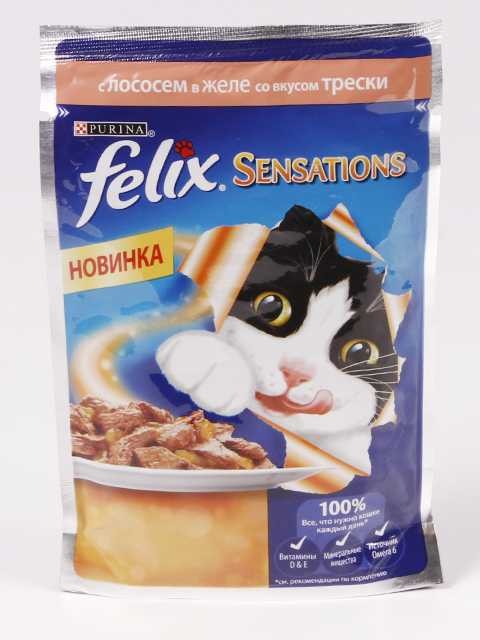 Purina Felix (Пурина Феликс) Sensations Пауч для кошек с лососем и треской в желе 75 г
