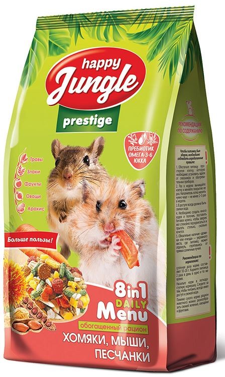 Happy Jungle ( Хэппи Джангл) улучшенный корм для хомяков, мышей, песчанок, 8 в 1 Daily Menu, 500 г Экопром