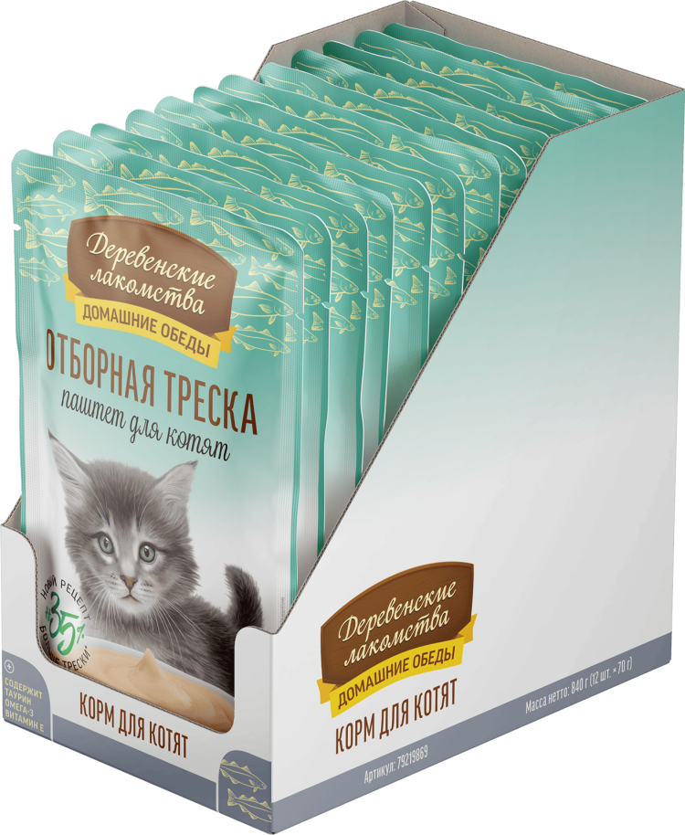 Деревенские лакомства Домашние обеды «Отборная треска» паштет для котят, 70 г