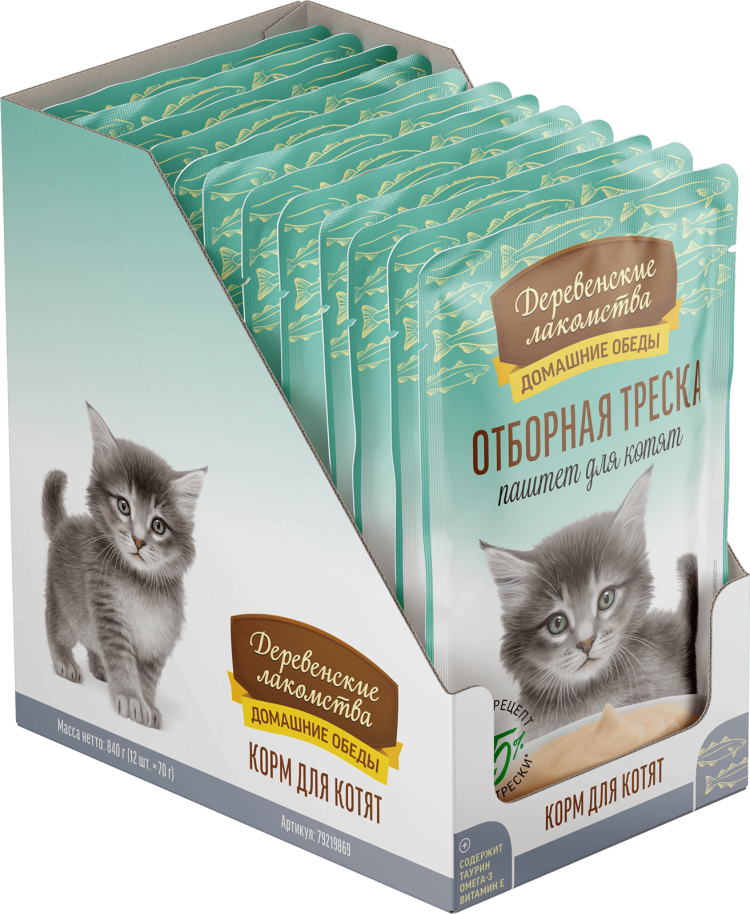Деревенские лакомства Домашние обеды «Отборная треска» паштет для котят, 70 г