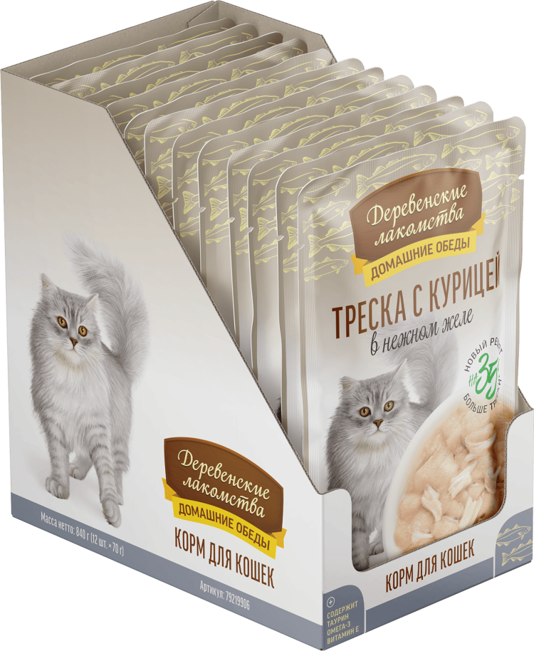 Деревенские лакомства Домашние обеды «Треска с курицей» в нежном желе для кошек, 70 г