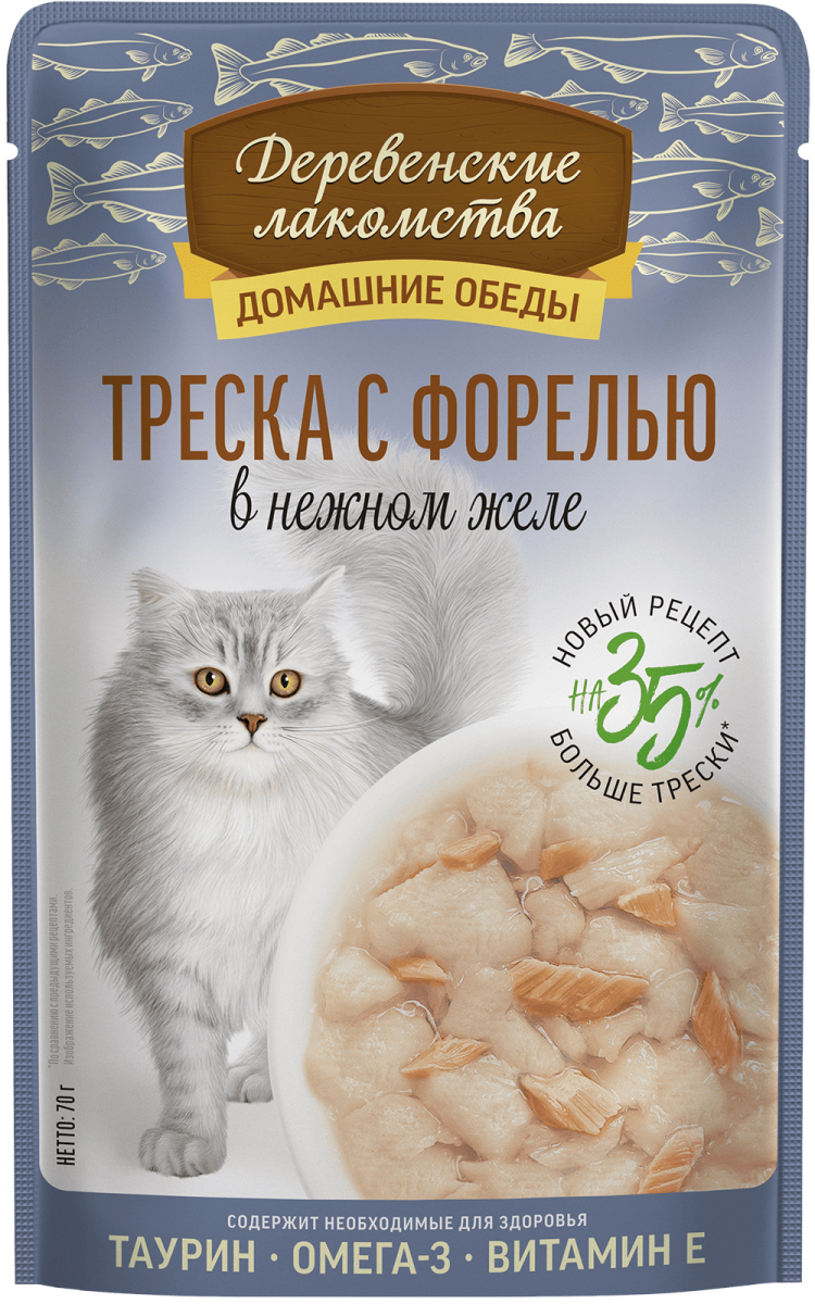 Деревенские лакомства Домашние обеды «Треска с форелью» в нежном желе для кошек, 70 г
