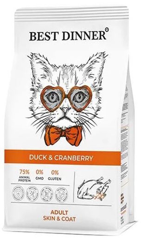 Best Dinner Adult Cat Duck &amp; Cranberry Сухой корм для взрослых кошек для ухода за кожей и шерстью с уткой и клюквой, 400 г