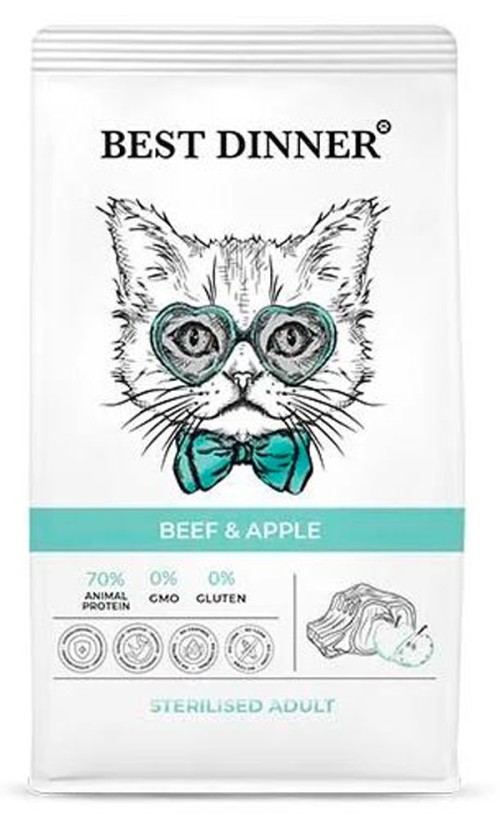 Best Dinner Adult Sterilised Beef &amp; Apple Сухой корм для кастрированных и стерилизованных кошек, склонных к аллергии и проблемам с пищеварением с говядиной и яблоком, 400 г