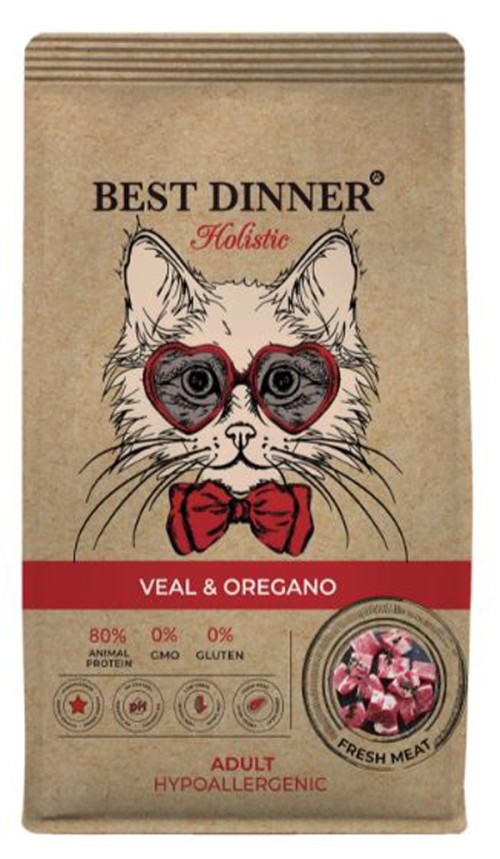 Best Dinner Holistic Hypoallergenic Adult Cat Veal &amp; Oregano Сухой корм для кошек склонных к аллергии и проблемам с пищеварением, с телятиной и орегано, 400 г