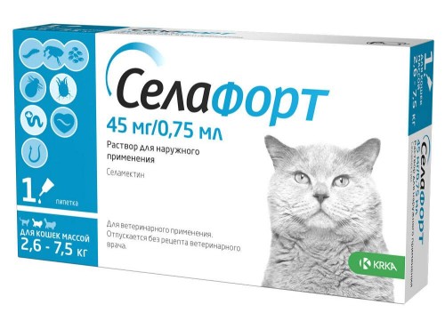 Селафорт капли на холку для кошек весом от 2,6 до 7,5 кг, 45 мг 1 пипетка