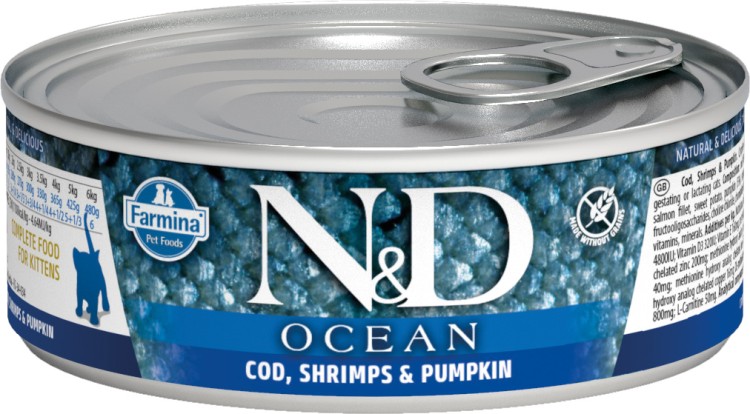 Farmina N&D (Фармина НД) Ocean Консервы беззерновые для котят с треской, креветками и тыквой 80 г