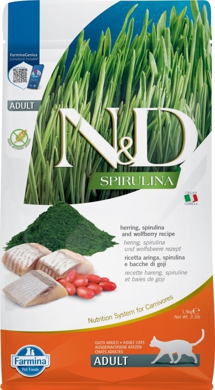Farmina N&amp;D (Фармина НД) Spirulina Сухой беззерновой корм для взрослых кошек с сельдью, ягодами годжи и спирулиной 1,5 кг