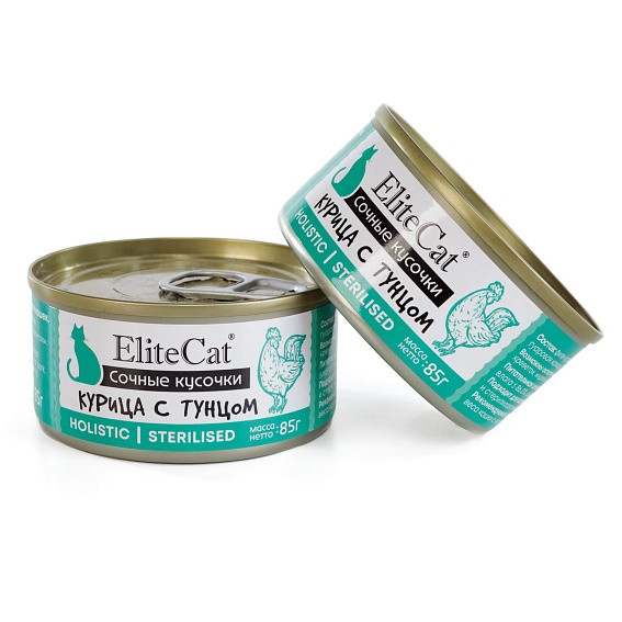 EliteCat консервы для кошек сочные кусочки "Курица с тунцом", 85 г