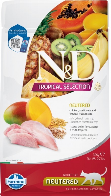 Farmina N&D (Фармина НД) Tropical Selection Neutered Сухой низкозерновой корм для стерилизованных кошек и кастрированных котов с курицей, спельтой и тропическими фруктами 300 г