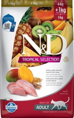 Farmina N&D (Фармина НД) Tropical Selection Сухой низкозерновой корм для взрослых кошек с курицей, спельтой и тропическими фруктами 4+1 кг