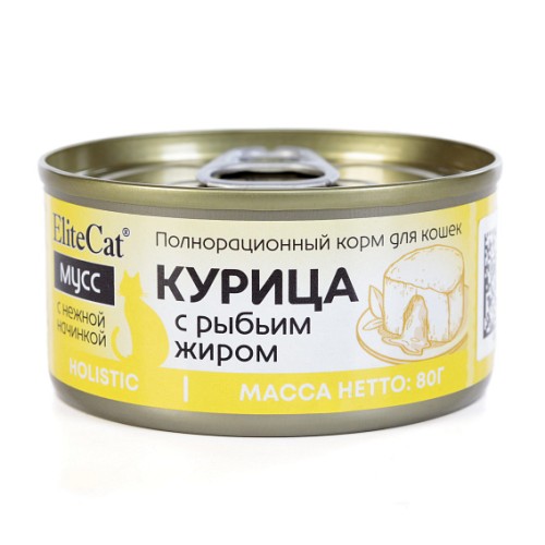 EliteCat консервы для кошек Мусс «Курица с рыбьим жиром», полнорационный, 80 г