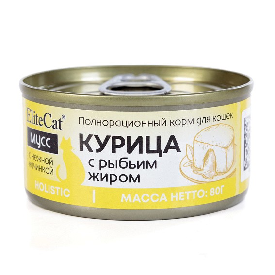 EliteCat консервы для кошек Мусс «Курица с рыбьим жиром», полнорационный, 80 г