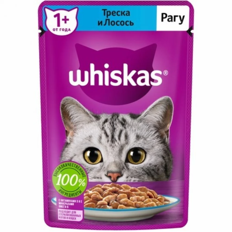 Whiskas (Вискас) Влажный корм для взрослых кошек с треской и лососем в рагу 75 г