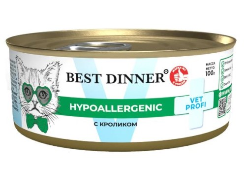 Best Dinner Vet Profi Hypoallergenic Влажный корм для котят и взрослых кошек при пищевой аллергии или непереносимости, с кроликом, 100 г