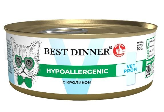 Best Dinner Vet Profi Hypoallergenic Влажный корм для котят и взрослых кошек при пищевой аллергии или непереносимости, с кроликом, 100 г