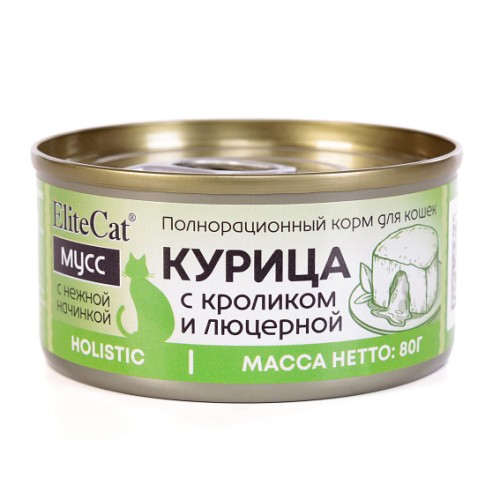 EliteCat консервы для кошек Мусс «Курица с кроликом и люцерной», полнорационный, 80 г 