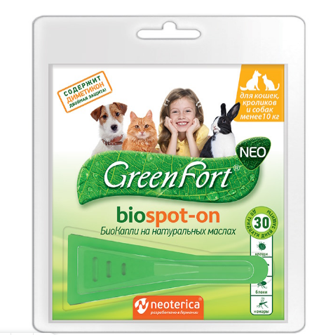 GreenFort Biospot-on Капли на холку для собак, кошек и кроликов весом до 10 кг, 1 пипетка