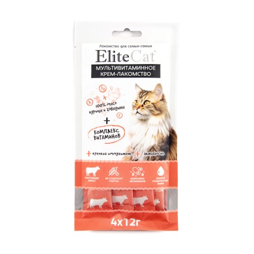 EliteCat Мультивитаминное крем-лакомство для кошек из куриного филе и говядины, 4х12 г