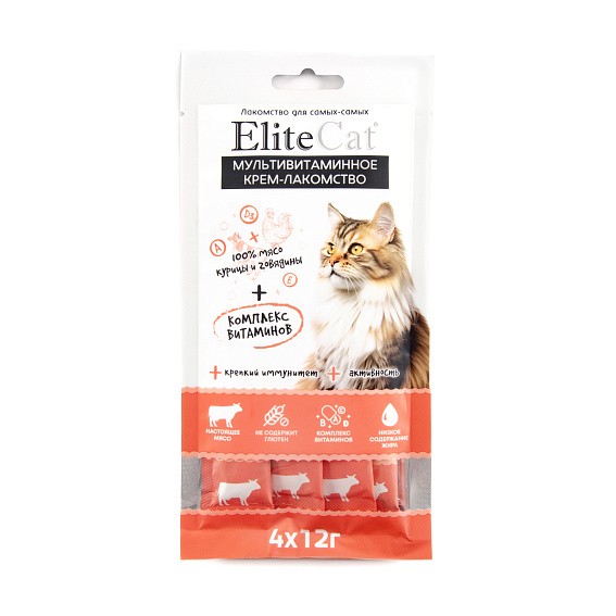 EliteCat Мультивитаминное крем-лакомство для кошек из куриного филе и говядины, 4х12 г
