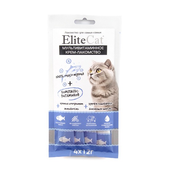 EliteCat Мультивитаминное крем-лакомство для кошек из мяса тунца, 4х12 г