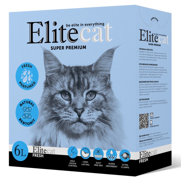 EliteCat  "Fresh" Наполнитель комкующийся с ароматом свежести, 6 л/5,1 кг