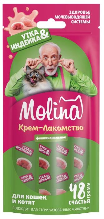 Molina функциональное крем-лакомство с уткой и индейкой для кошек для поддержания мочевыводящей системы, 48 г 