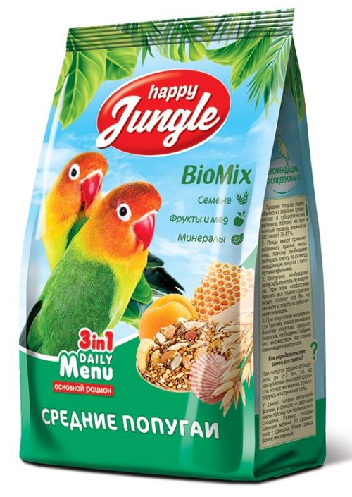 Happy Jungle ( Хэппи Джангл) корм для средних попугаев 3 в 1 Daily Menu, 500 г Экопром