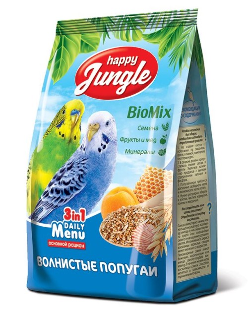 Happy Jungle ( Хэппи Джангл) корм для волнистых попугаев 3 в 1 Daily Menu, 500 г Экопром