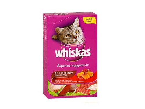 Whiskas (Вискас) - Сухой корм для кошек Вкусные подушечки с Говядиной, Ягненком и Кроликом (Печёночный паштет) 2,4 кг
