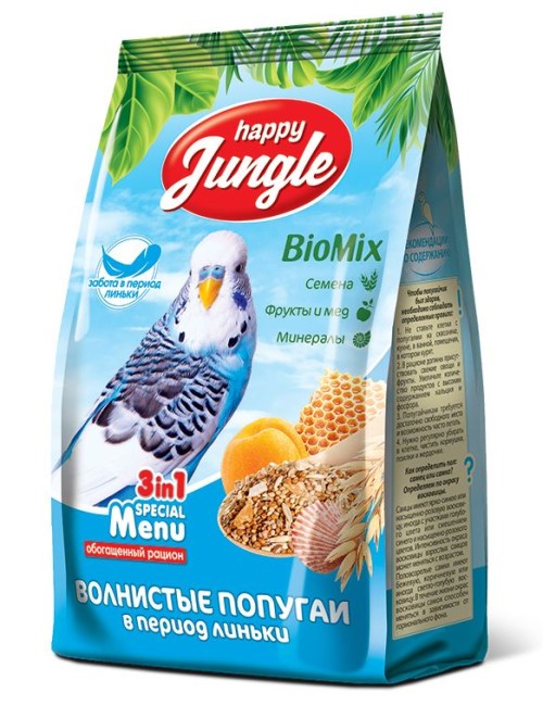 Happy Jungle  ( Хэппи Джангл) корм для волнистых попугаев в период линьки, 3 в 1 Daily Menu, 500 г Экопром
