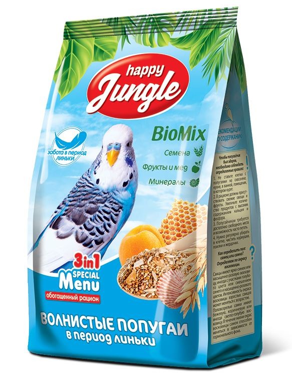 Happy Jungle  ( Хэппи Джангл) корм для волнистых попугаев в период линьки, 3 в 1 Daily Menu, 500 г Экопром