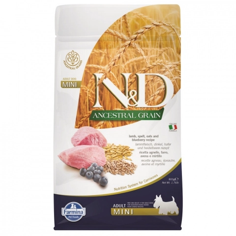 Farmina N&D (Фармина НД) Ancestral Grain Mini Сухой низкозерновой корм для взрослых собак мелких пород с ягненком, полбой, овсом и черникой 800 г