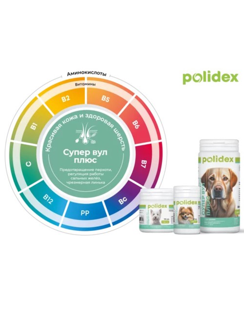 Polidex Super Wool plus (Полидекс Супер Вул плюс) Витамины для кожи и шерсти для собак 150 табл