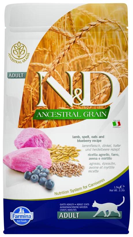Farmina N&D (Фармина НД) Ancestral Grain Сухой низкозерновой корм для взрослых кошек с ягненком, полбой, овсом и черникой 1,5 кг