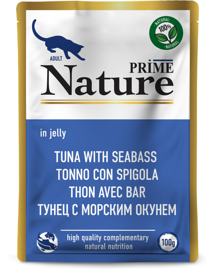 Prime (Прайм) Nature Влажный корм Пауч для взрослых кошек с тунцом и морским окунем в желе 100 г 5 шт