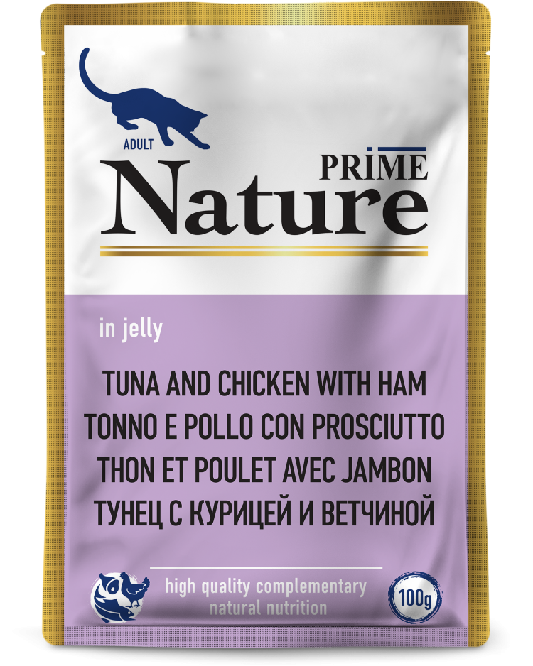 Prime (Прайм) Nature Влажный корм Пауч для взрослых кошек с тунцом, курицей и ветчиной в желе 100 г 5 шт